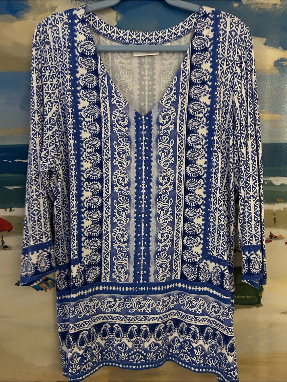 Belle by Kim Gravel Blue and White Printed V-Neck Tunic